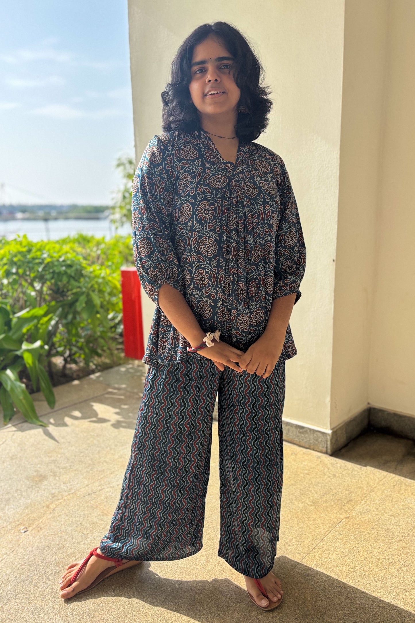 Set of 2- Blue Blooms Modal Ajrakh Short Top and Parallel Pants