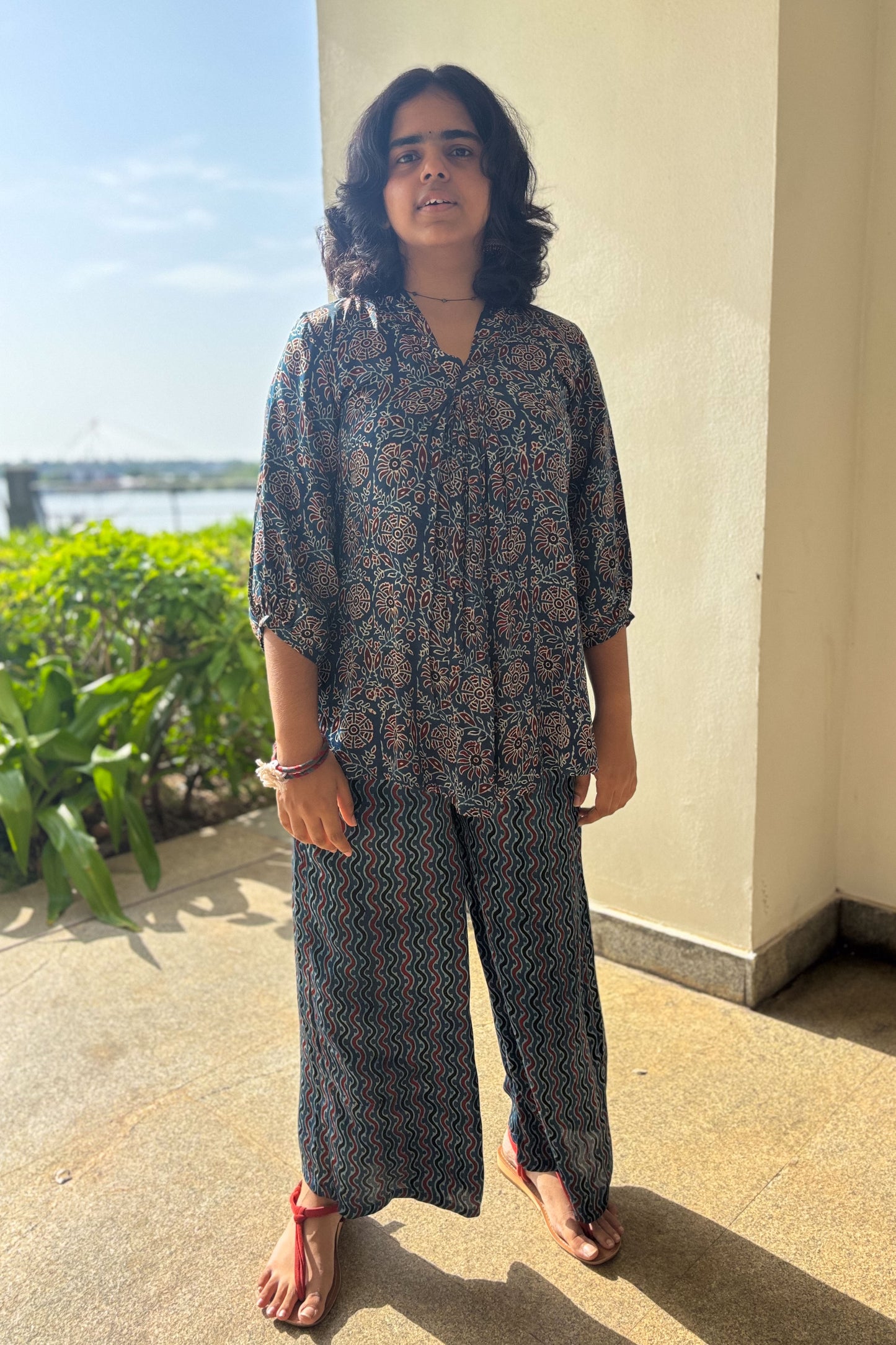 Set of 2- Blue Blooms Modal Ajrakh Short Top and Parallel Pants