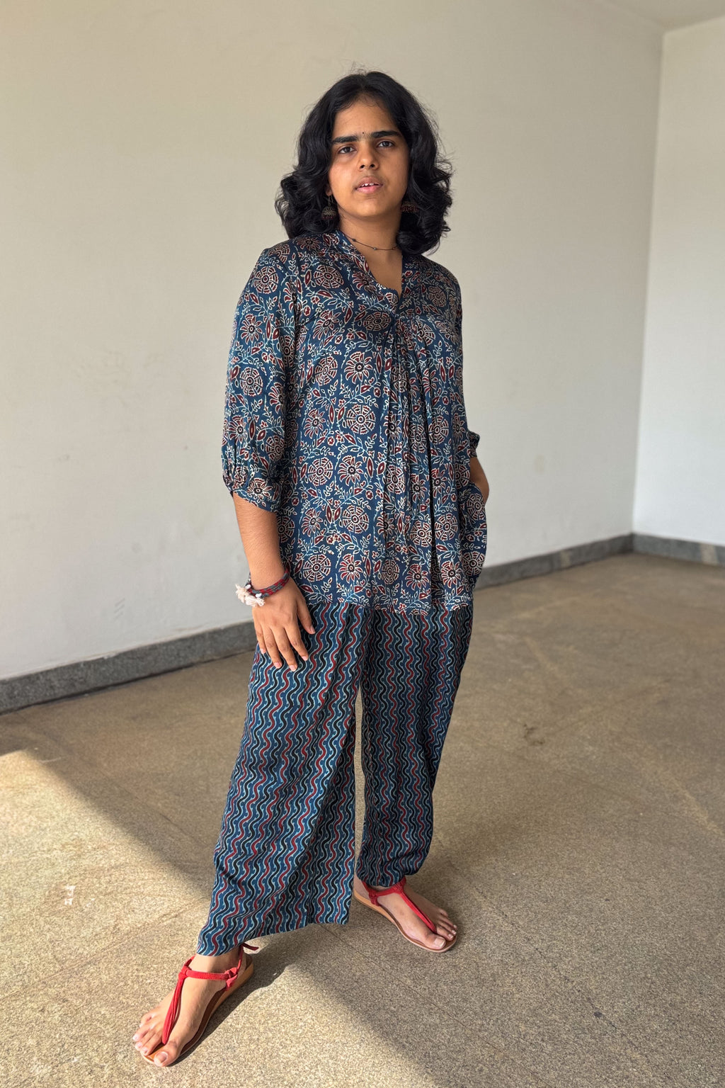 Set of 2- Blue Blooms Modal Ajrakh Short Top and Parallel Pants