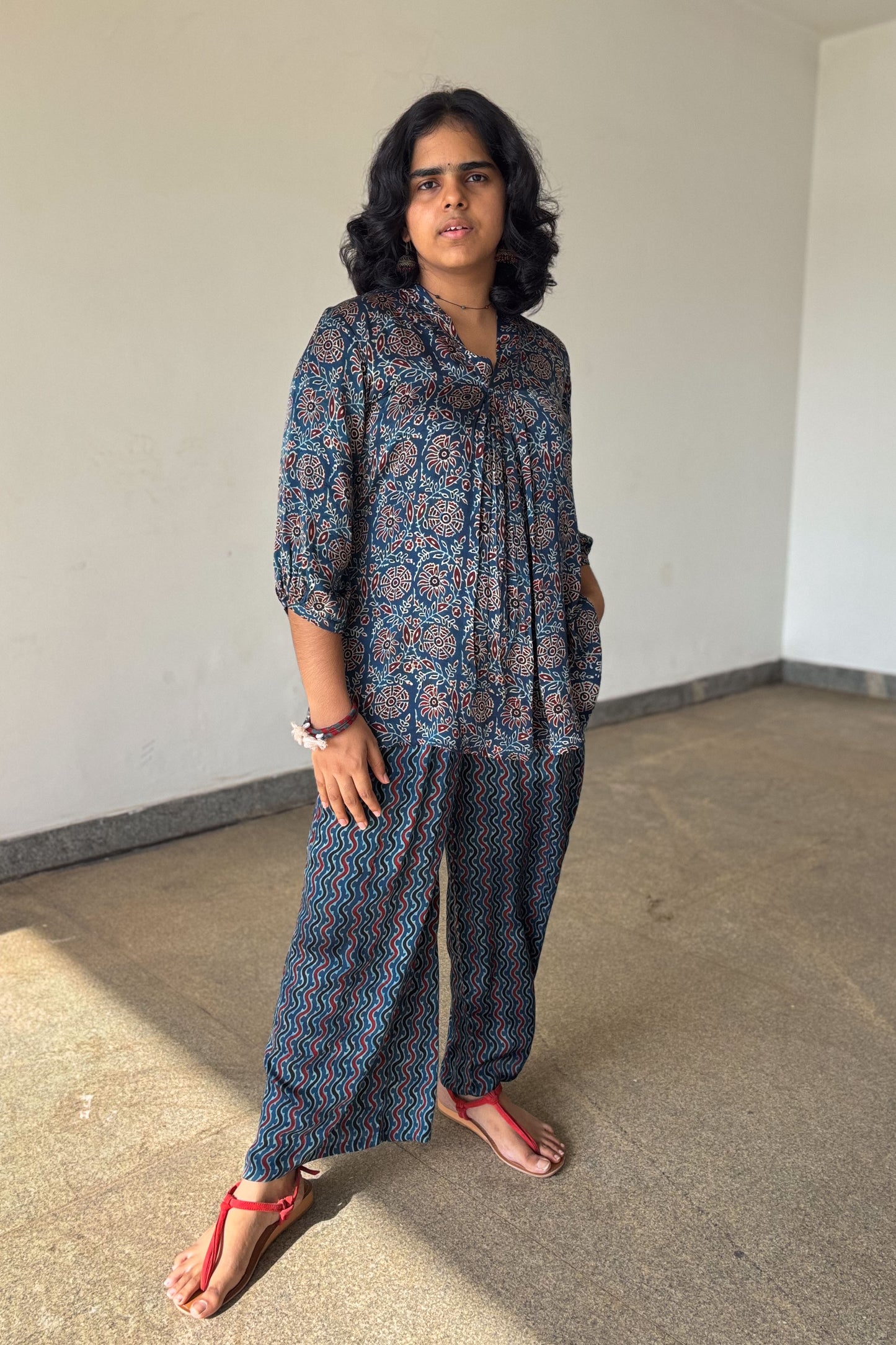 Set of 2- Blue Blooms Modal Ajrakh Short Top and Parallel Pants