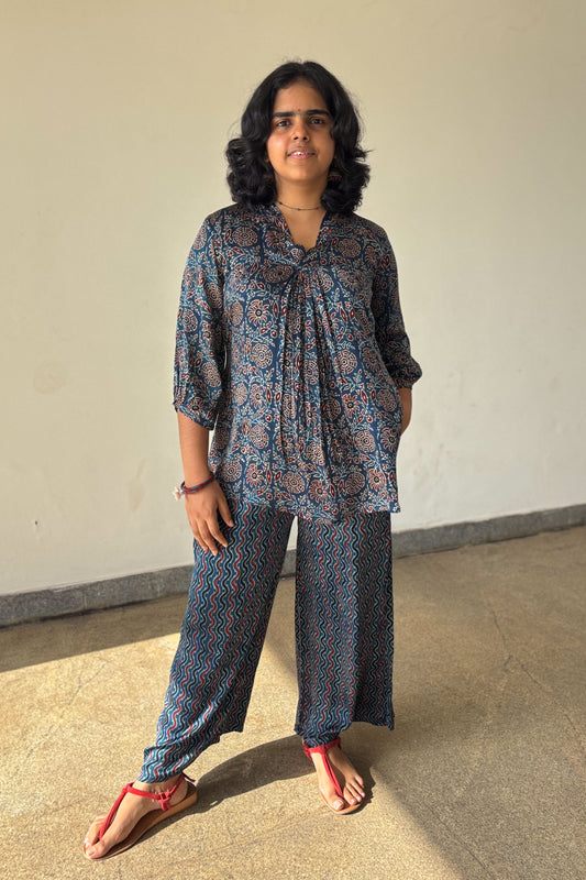 Set of 2- Blue Blooms Modal Ajrakh Short Top and Parallel Pants