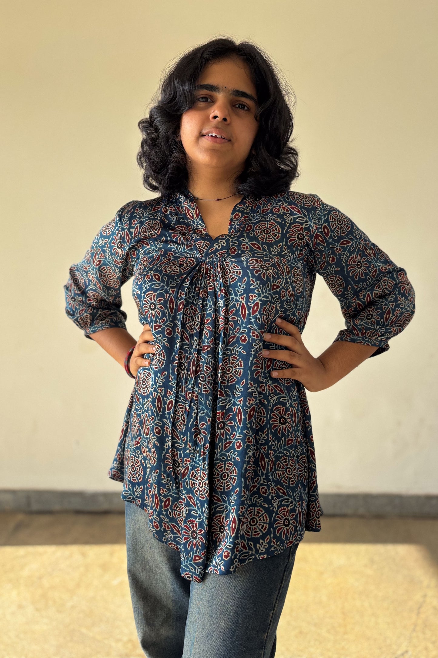 Blue Blooms Modal Ajrakh Short Top