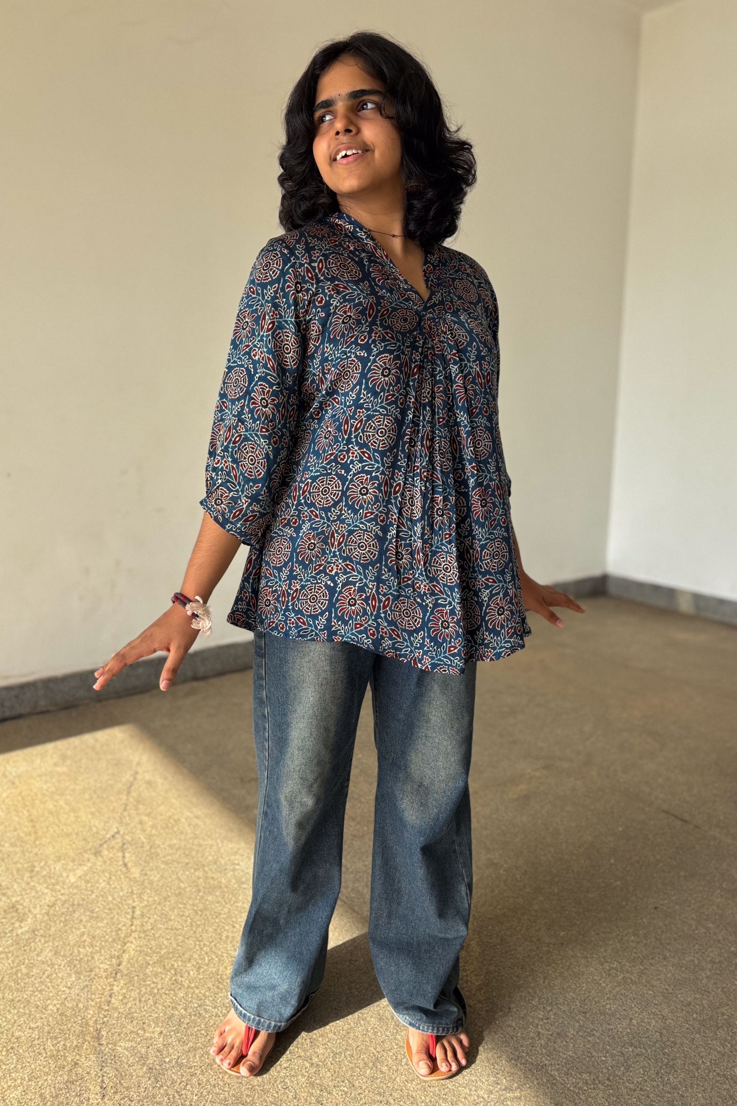 Blue Blooms Modal Ajrakh Short Top