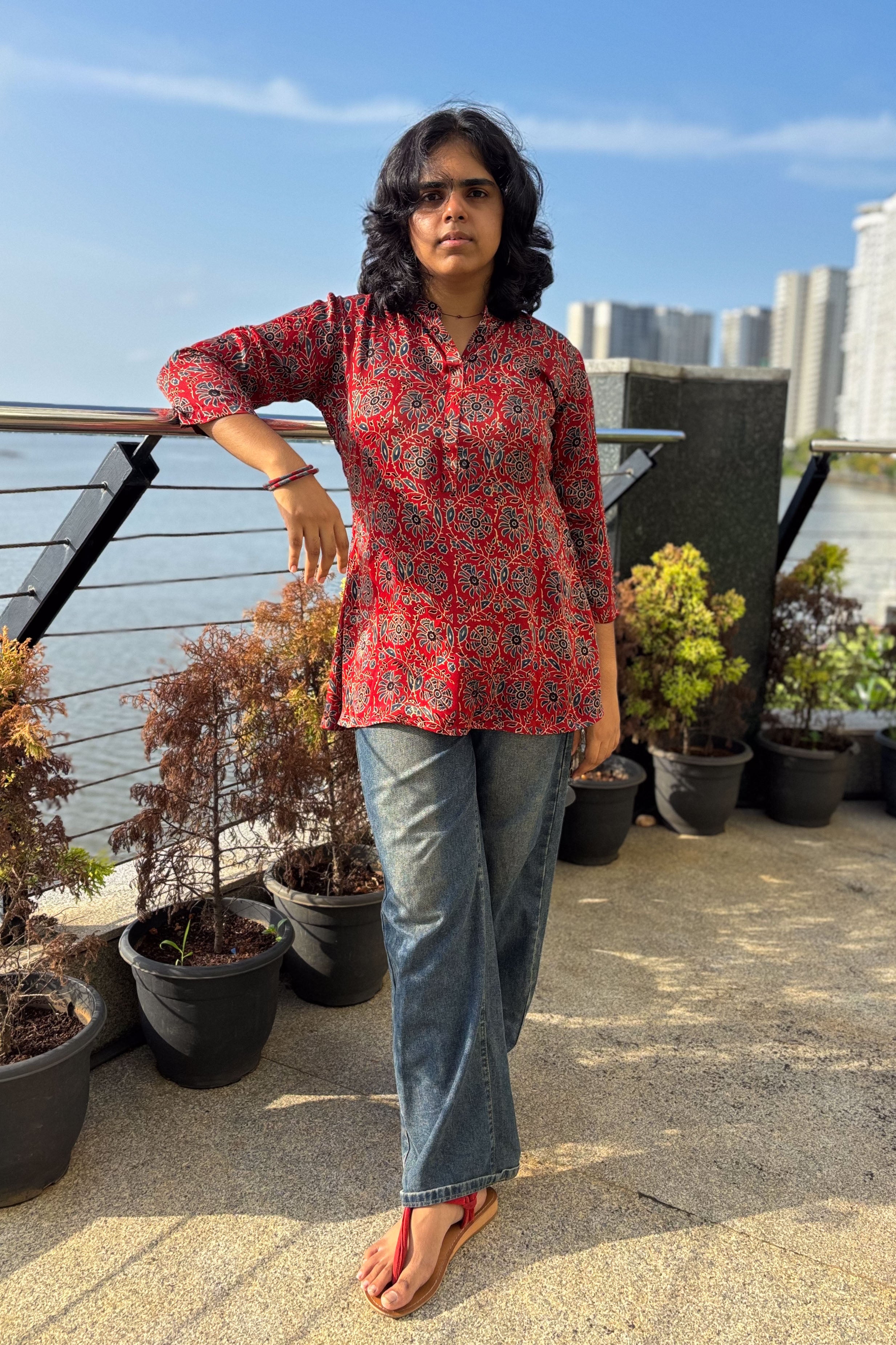 Red Spring Modal Ajrakh Short Top