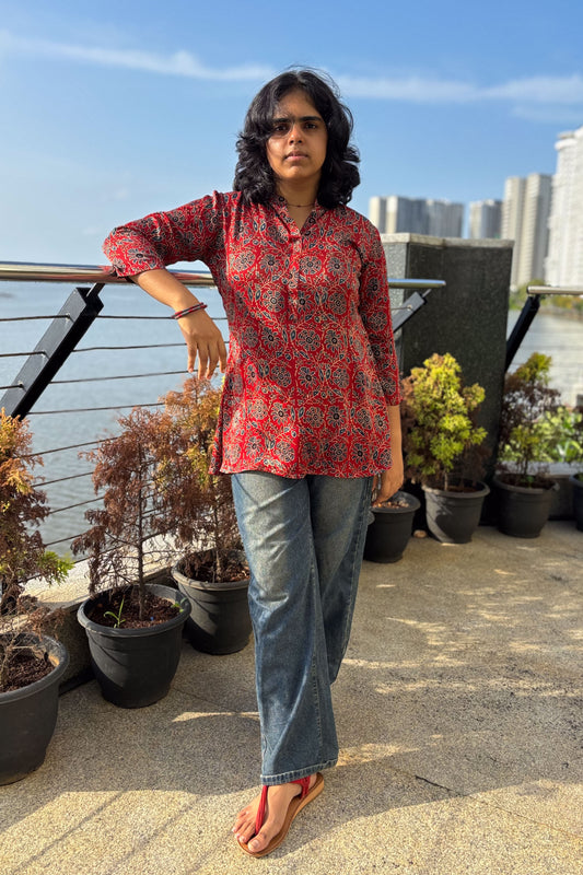 Red Spring Modal Ajrakh Short Top