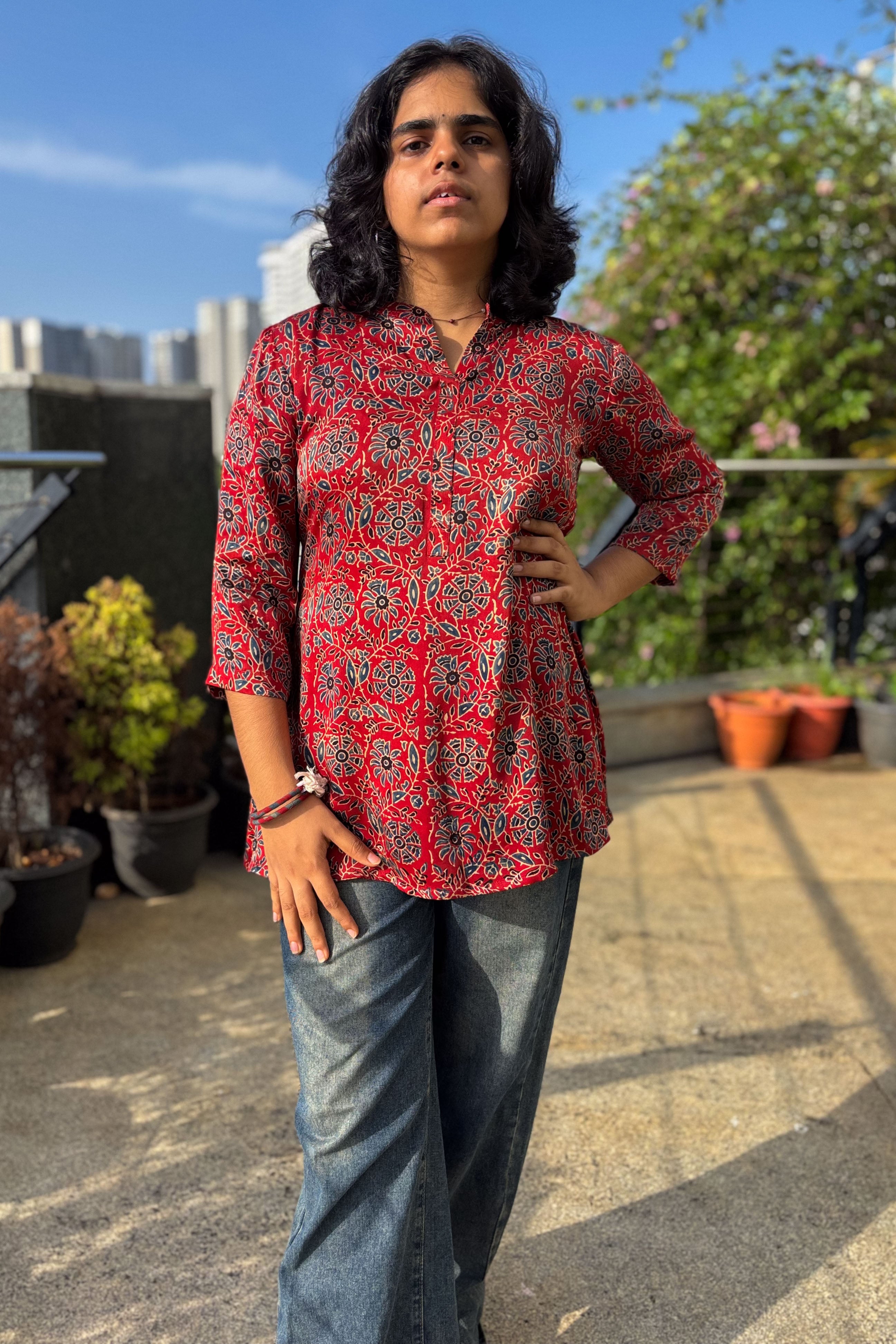 Red Spring Modal Ajrakh Short Top