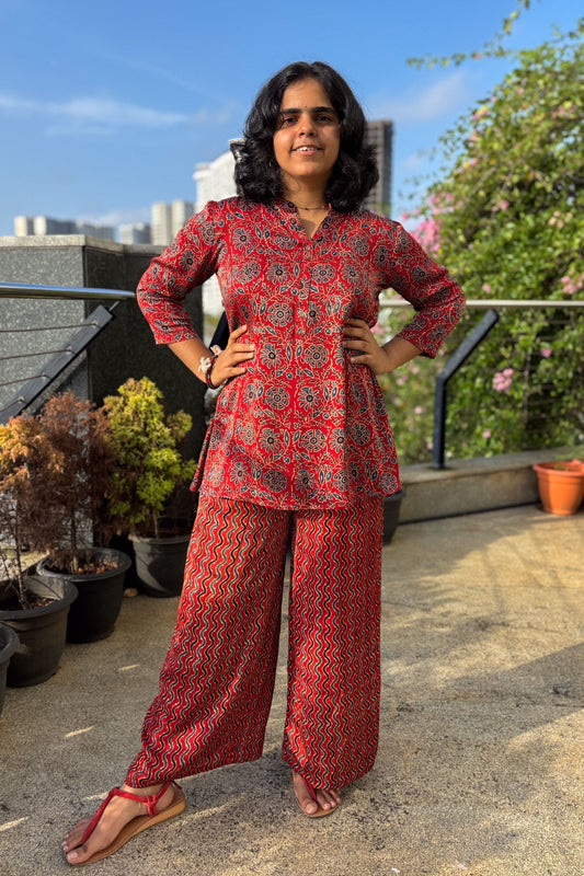 Set of 2- Red Spring Modal Ajrakh Short Top & Parallel Pants