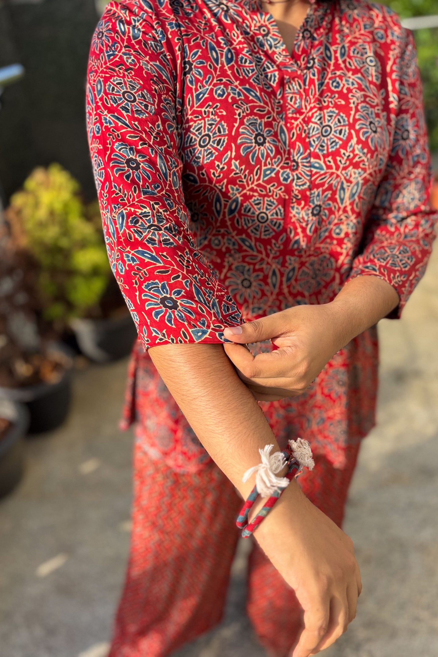 Set of 2- Red Spring Modal Ajrakh Short Top & Parallel Pants