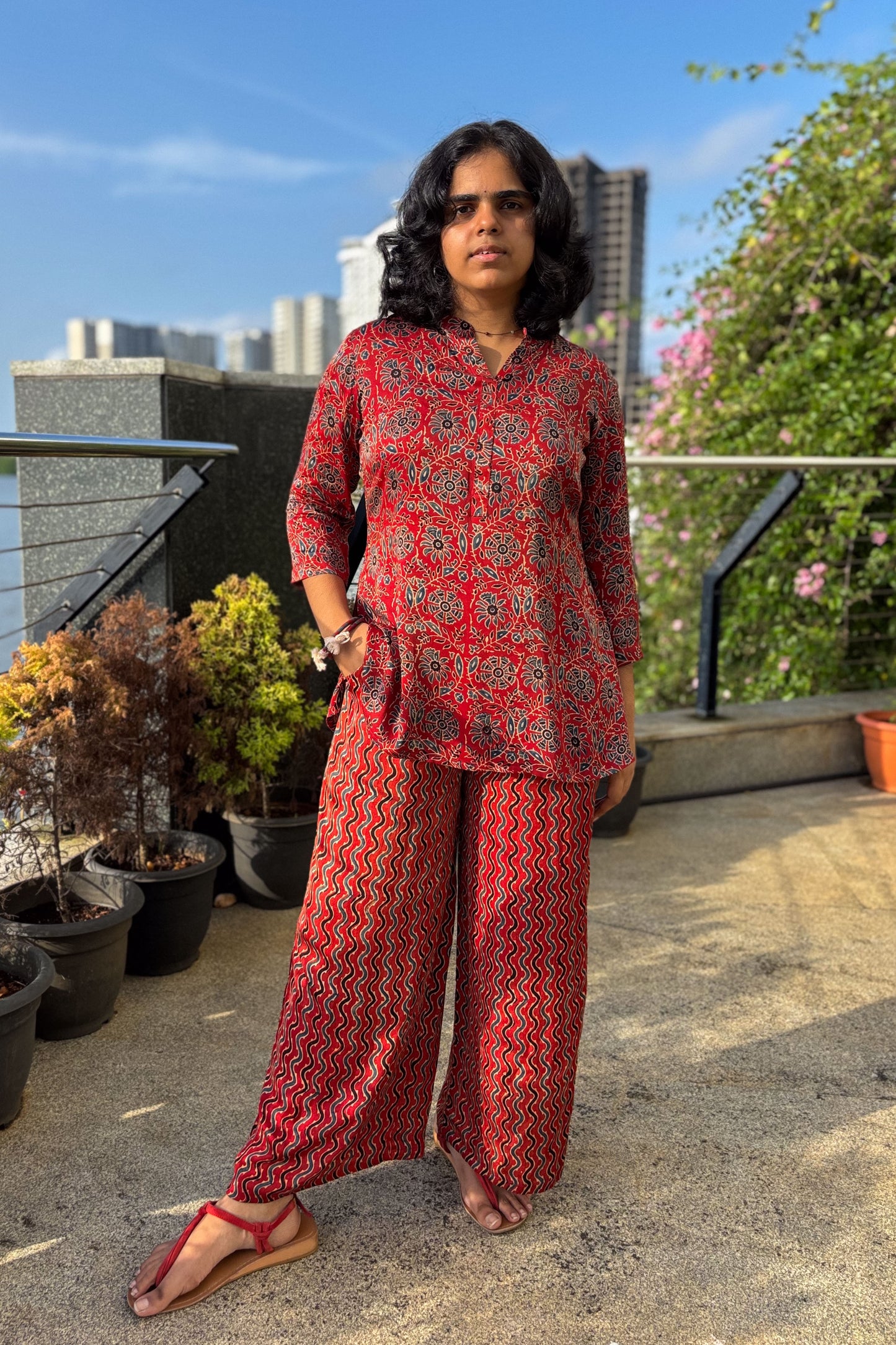 Set of 2- Red Spring Modal Ajrakh Short Top & Parallel Pants