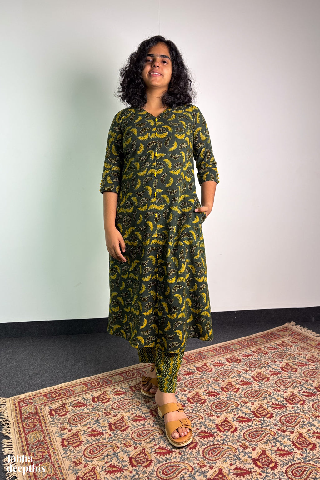 Ajrakh Neem Leaves Green Aline Kurta