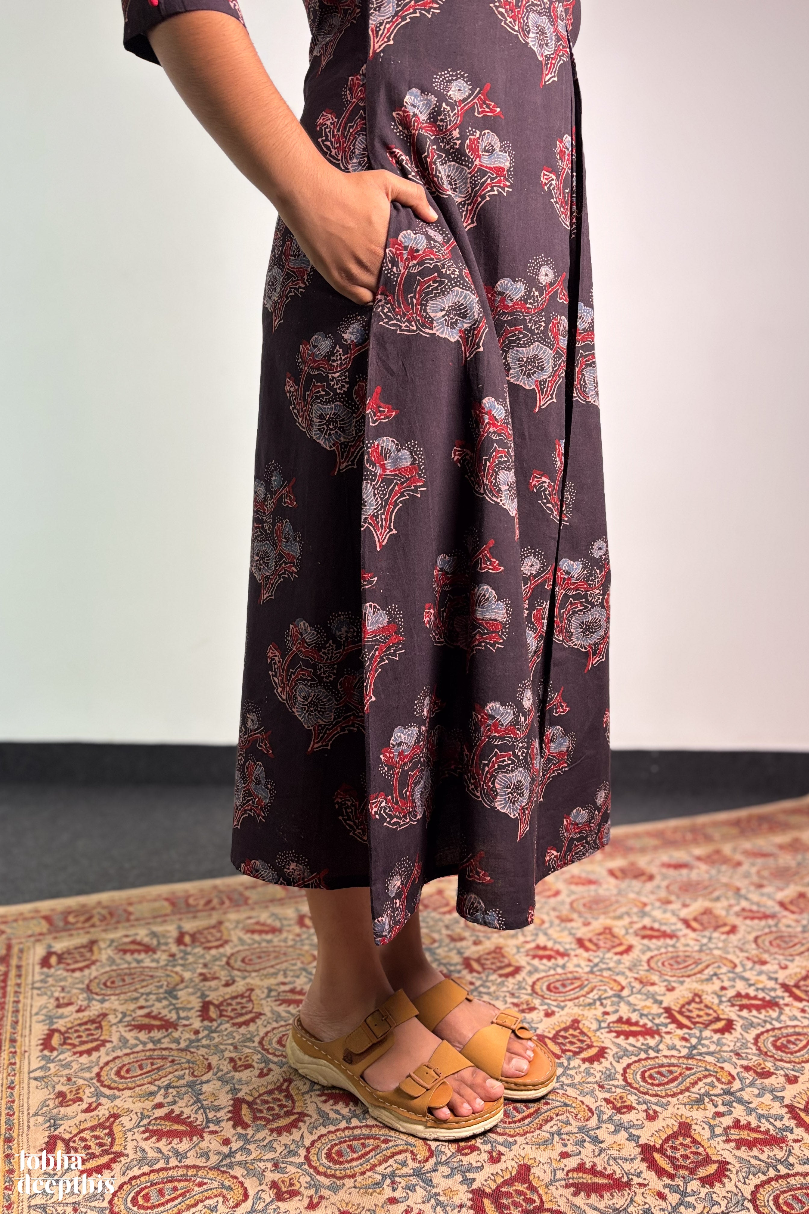 Ajrakh Blooms on Black Box Pleated Dress