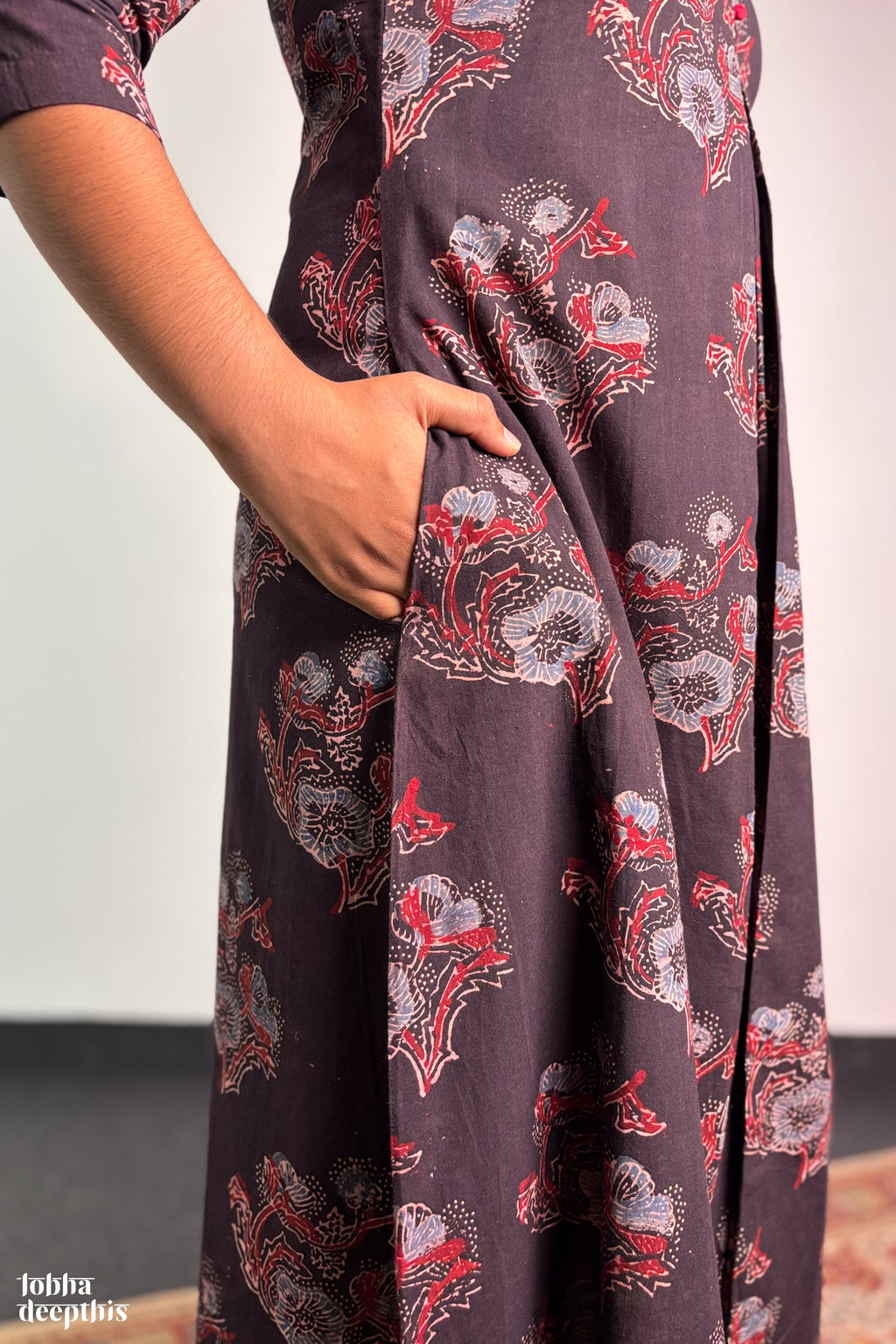 Ajrakh Blooms on Black Box Pleated Dress