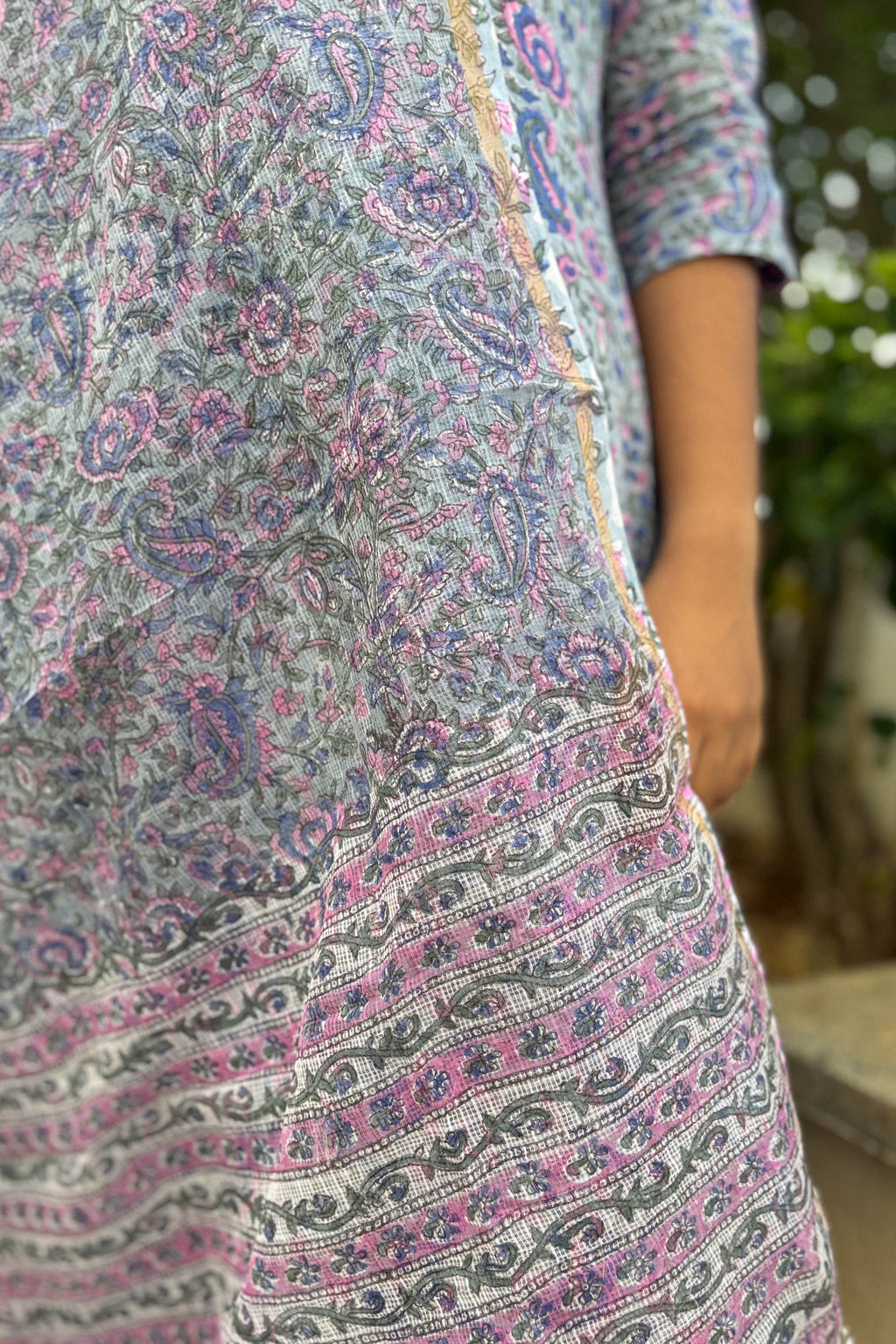 Aomi Sanganeri Handprinted Kota Doria Dupatta