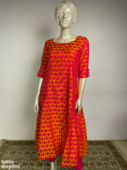 Orange Chanderi Feel Jacquard Aline Loop Kurta