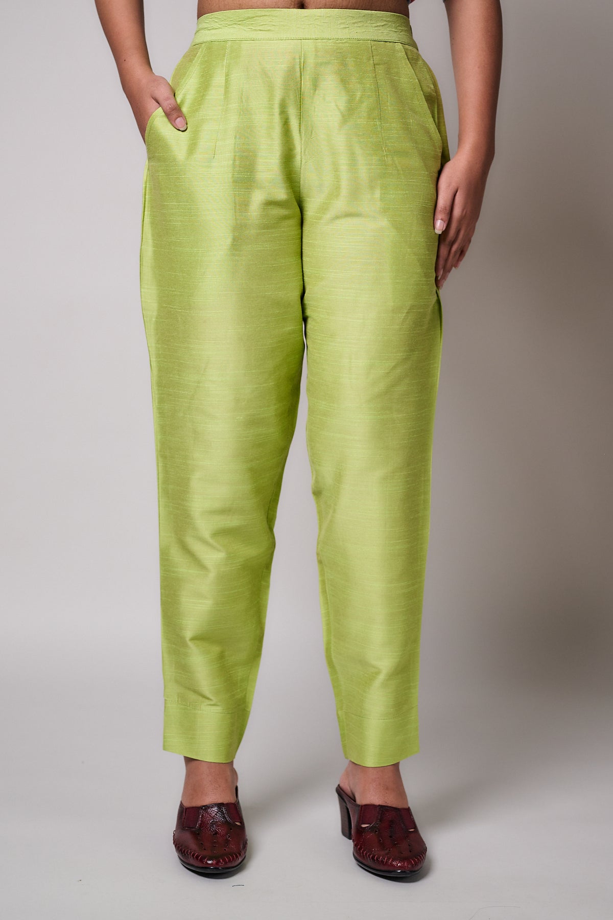 Pista Green Slub Silk Pencil Pants