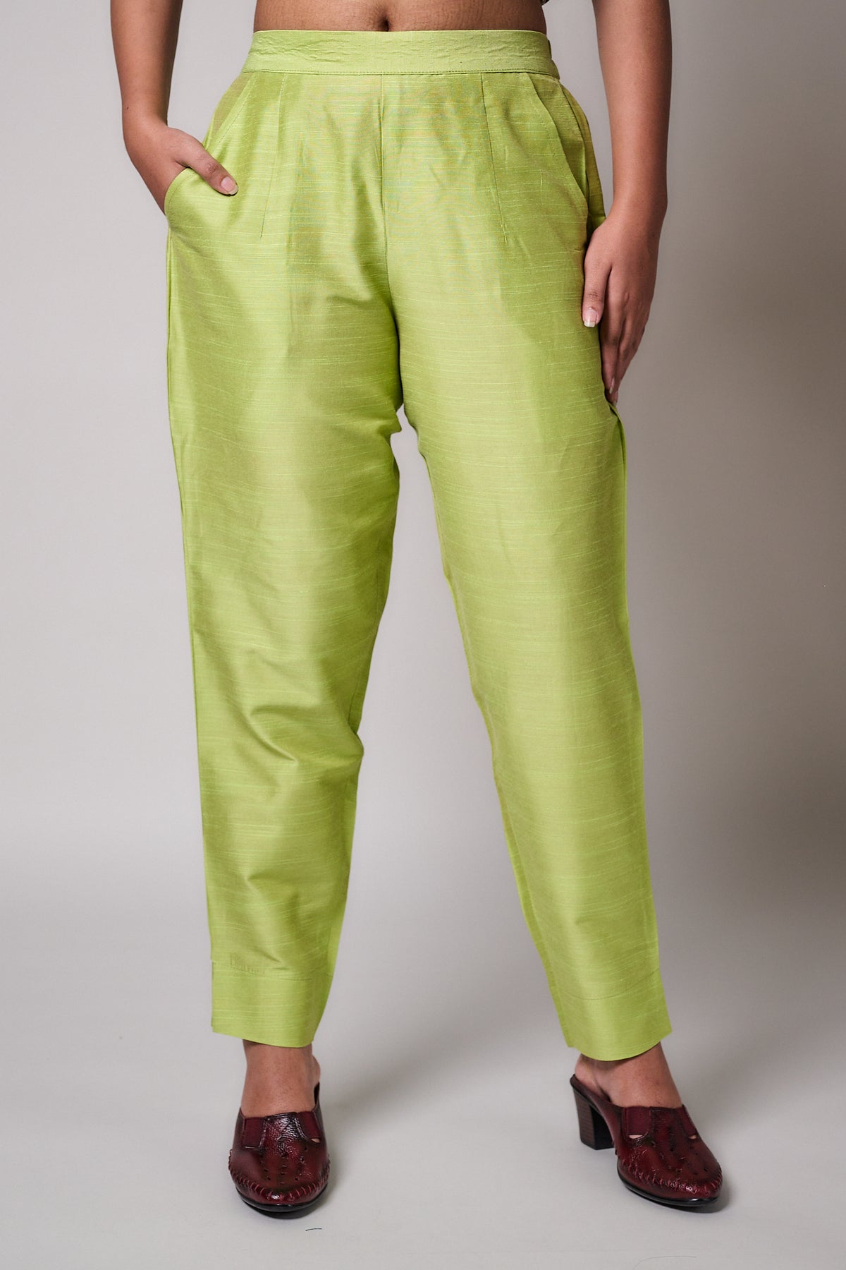 Pista Green Slub Silk Pencil Pants