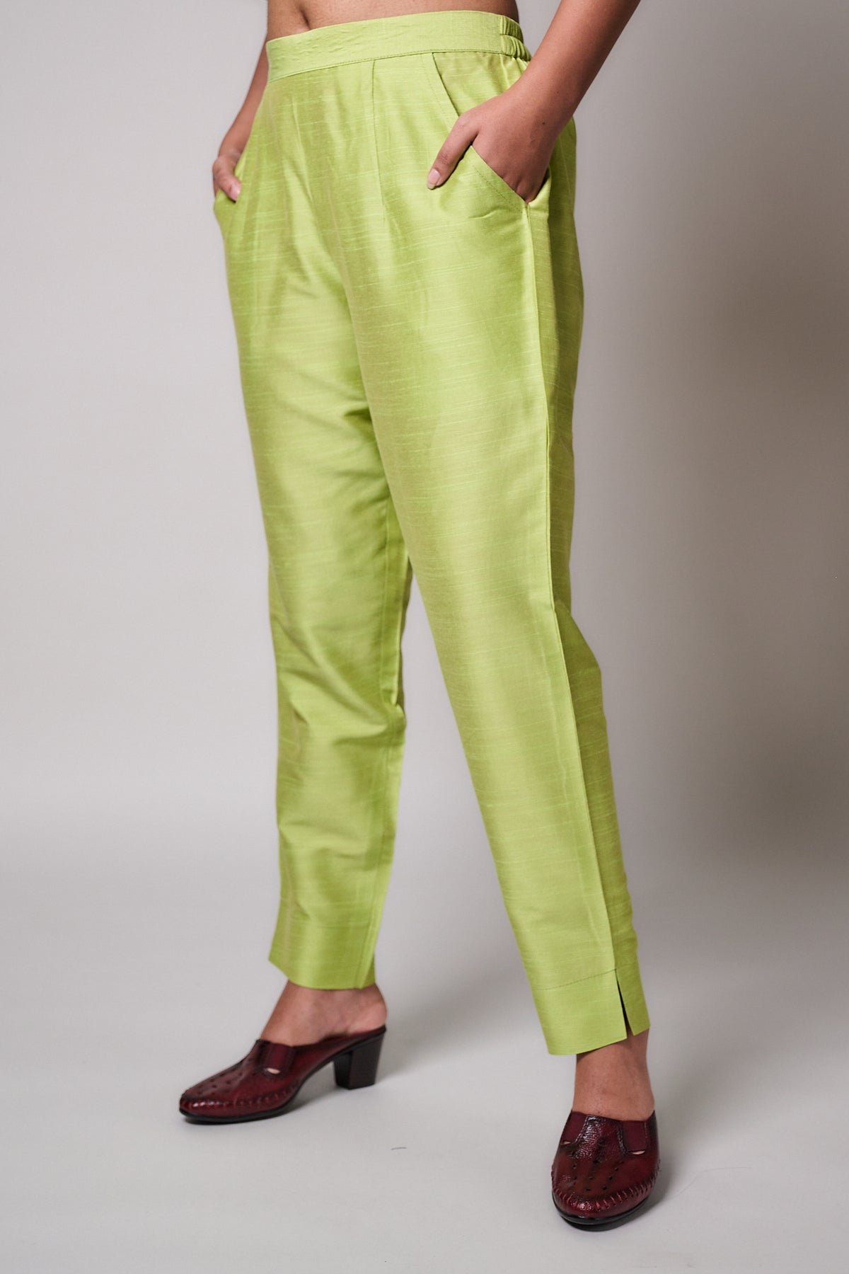 Pista Green Slub Silk Pencil Pants