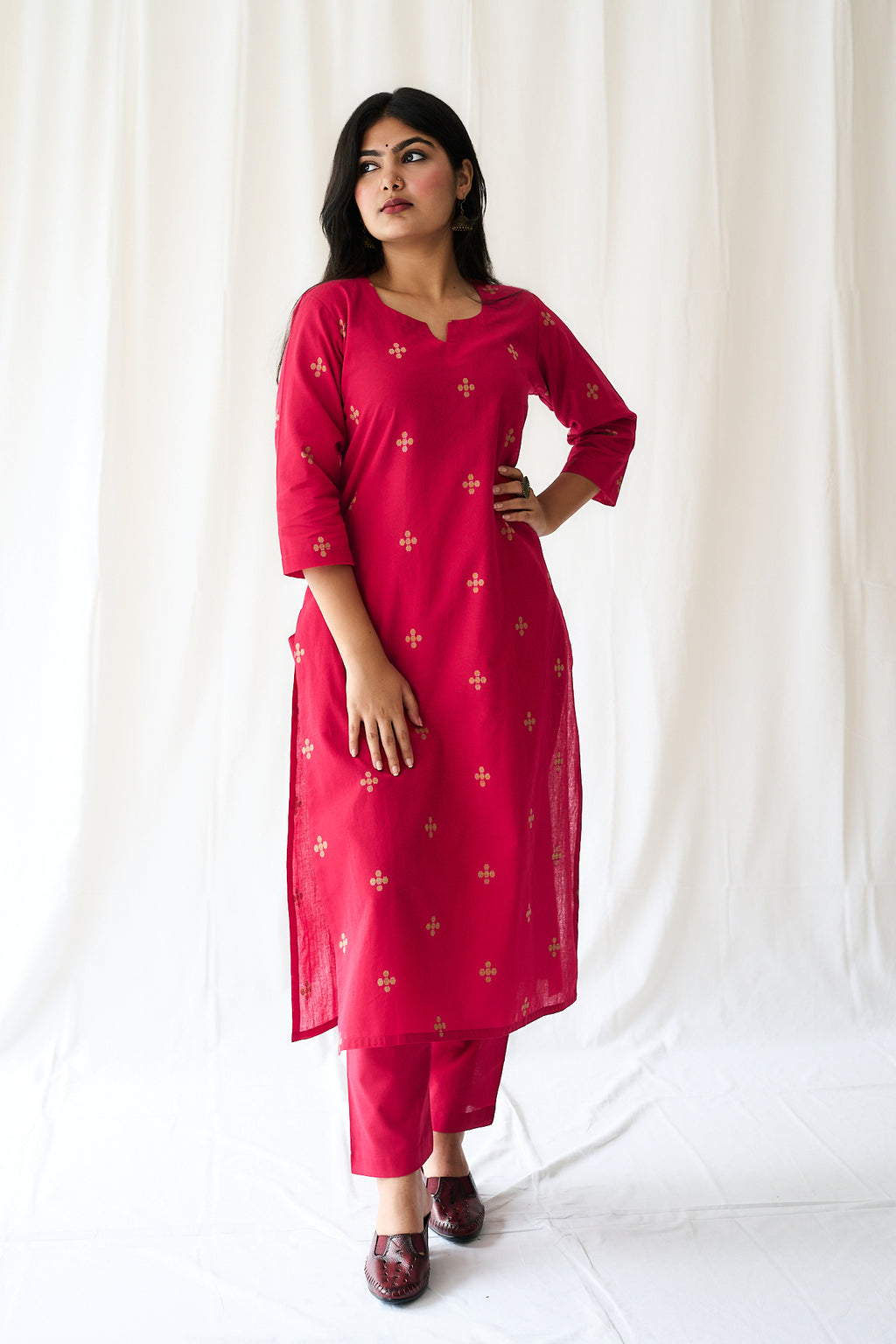 Set of 2- Mireya Red South Cotton Kurta & Pants Set