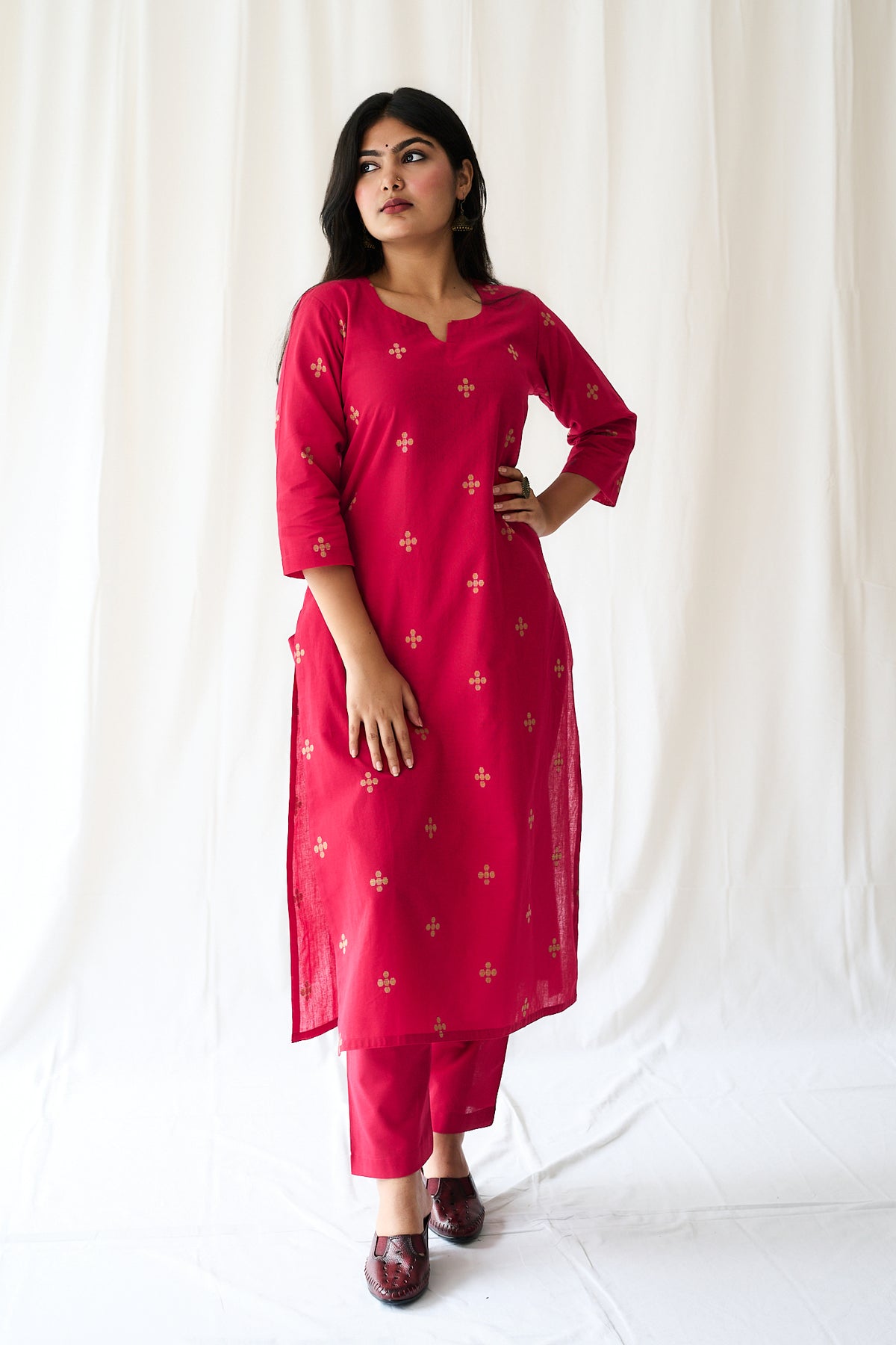 Set of 2- Mireya Red South Cotton Kurta & Pants Set