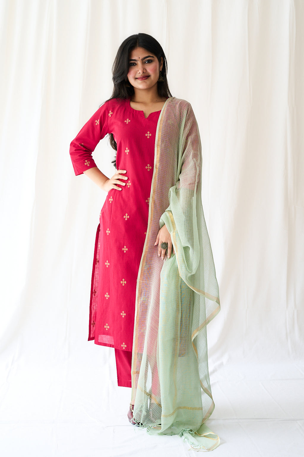 Set of 2- Mireya Red South Cotton Kurta & Pants Set