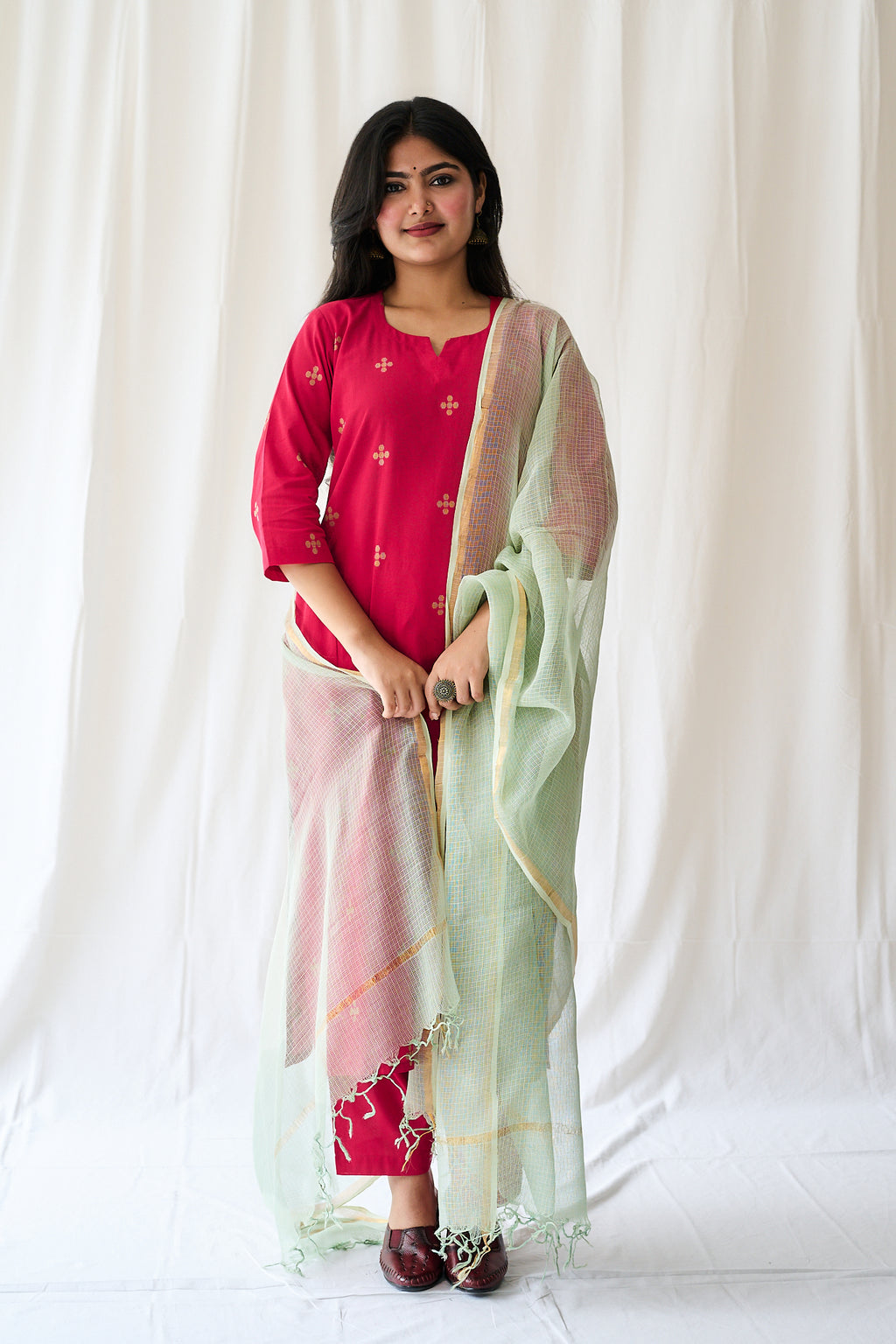 Set of 2- Mireya Red South Cotton Kurta & Pants Set