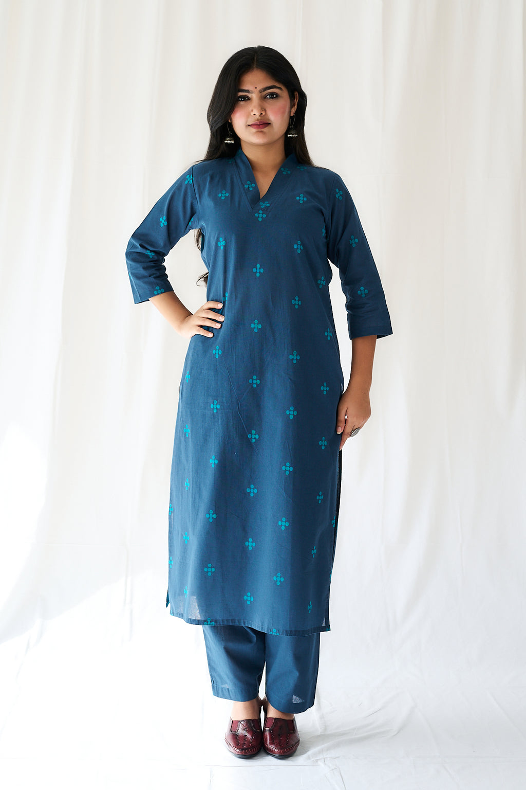 Set of 2- Mireya Teal Blue Cross South Cotton Kurta & Pants Set