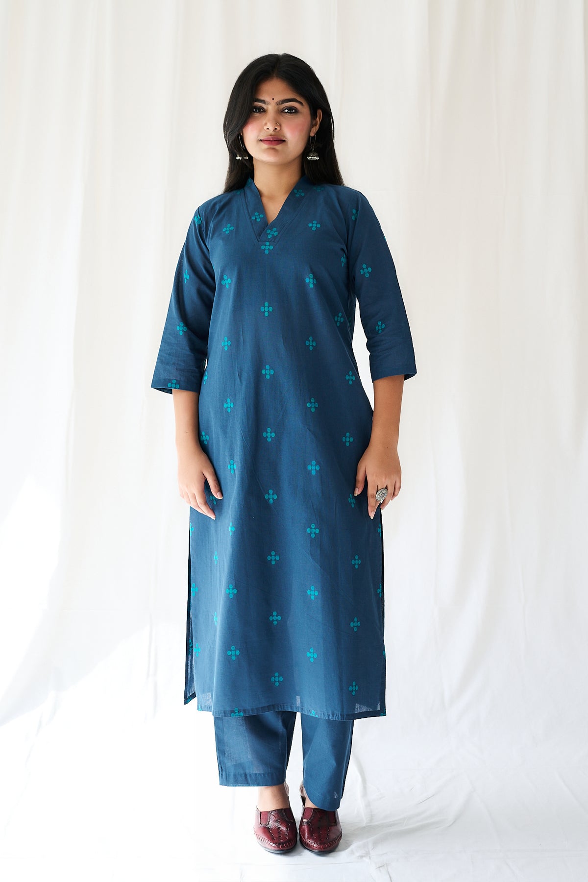 Set of 2- Mireya Teal Blue Cross South Cotton Kurta & Pants Set