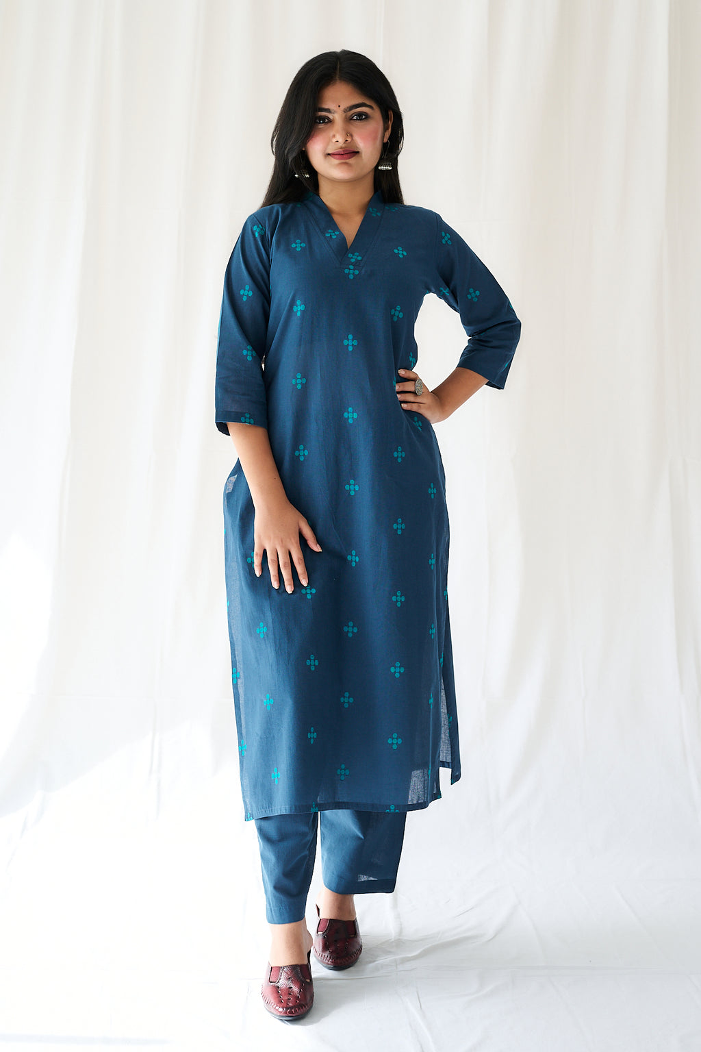 Set of 2- Mireya Teal Blue Cross South Cotton Kurta & Pants Set