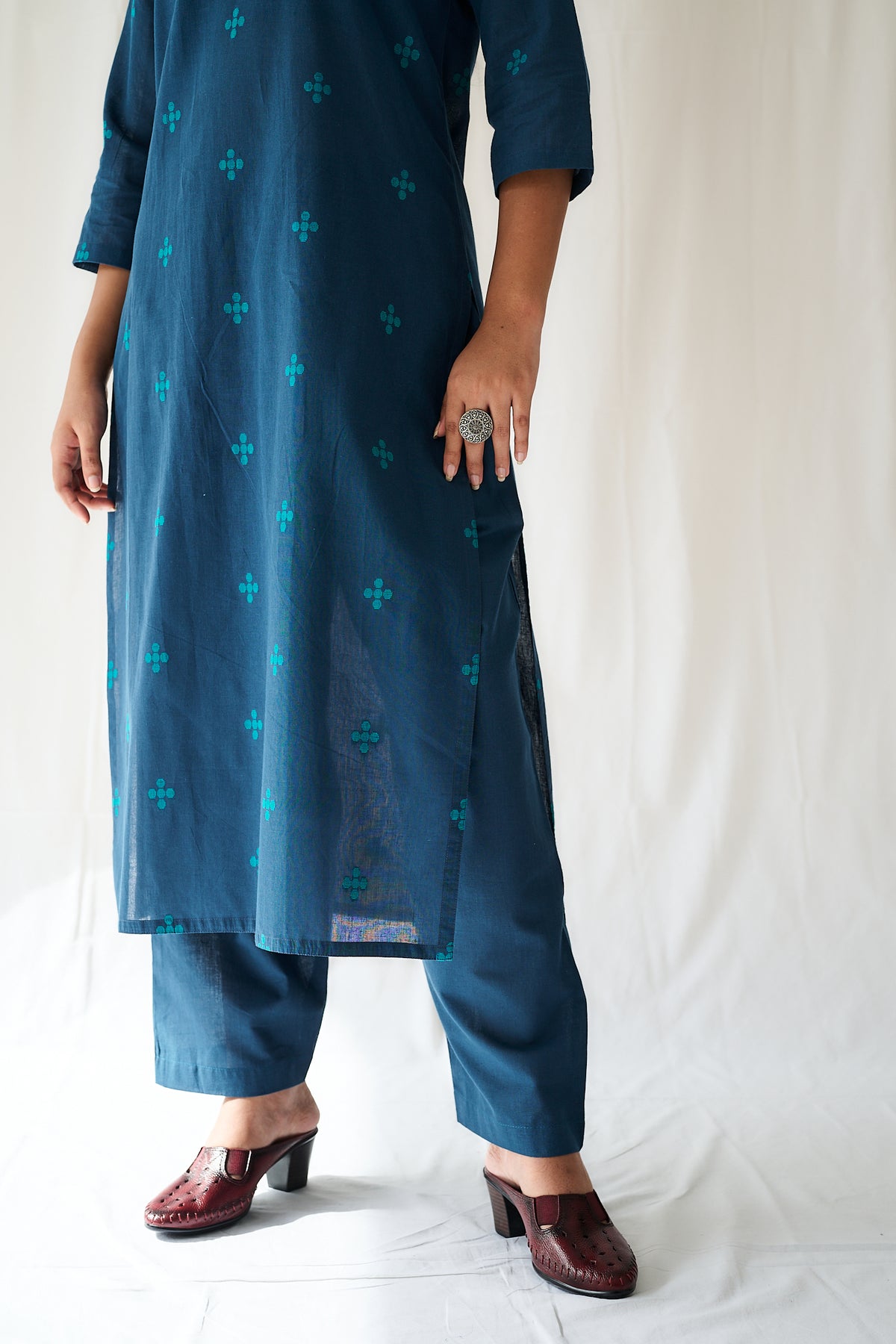 Set of 2- Mireya Teal Blue Cross South Cotton Kurta & Pants Set