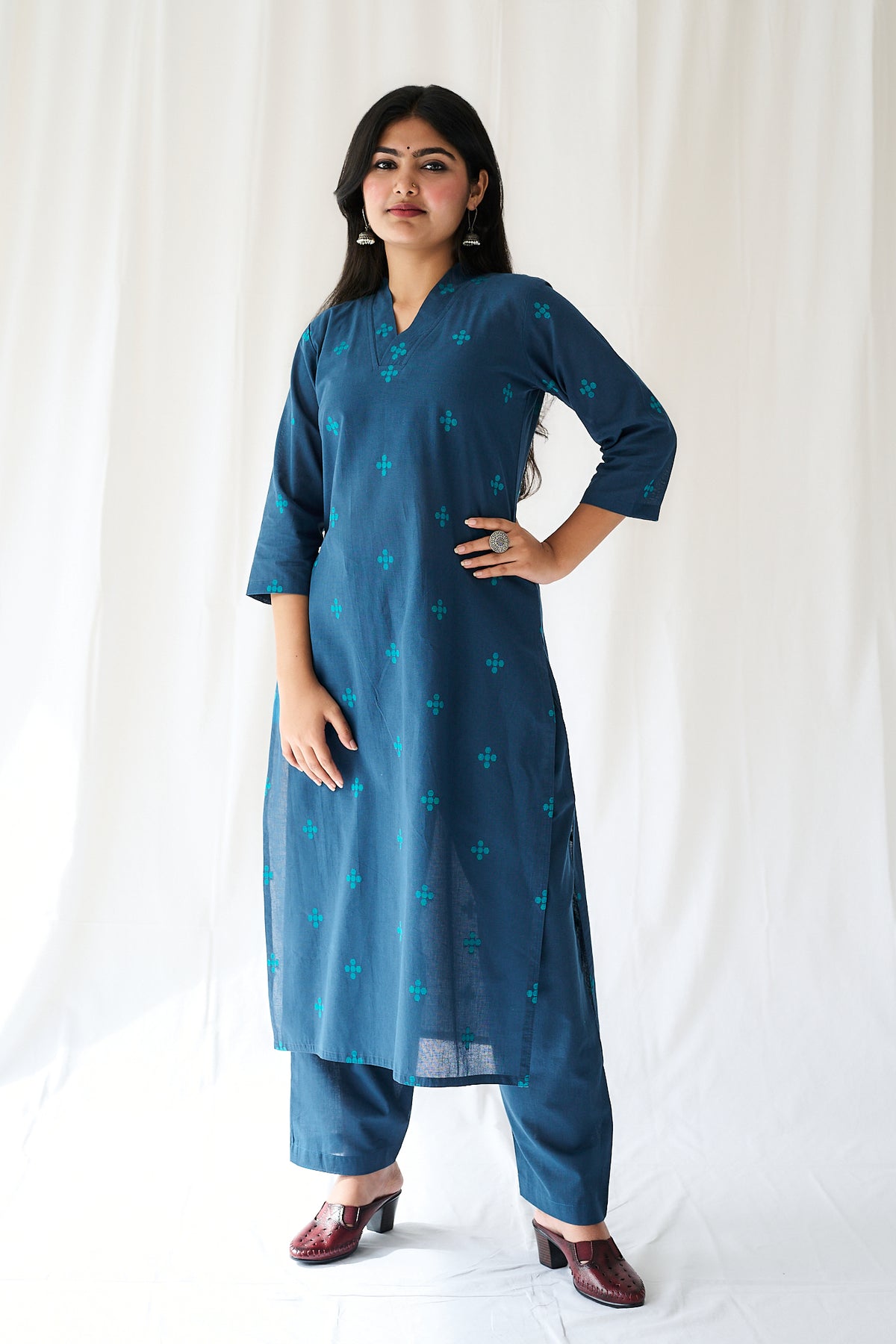 Set of 2- Mireya Teal Blue Cross South Cotton Kurta & Pants Set