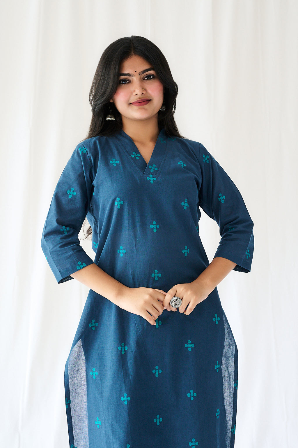 Set of 2- Mireya Teal Blue Cross South Cotton Kurta & Pants Set