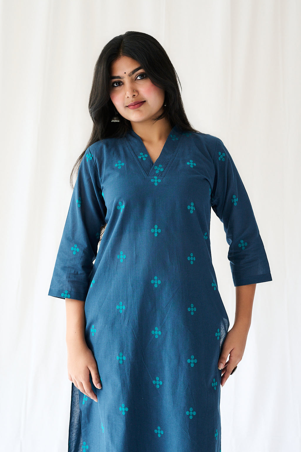 Set of 2- Mireya Teal Blue Cross South Cotton Kurta & Pants Set
