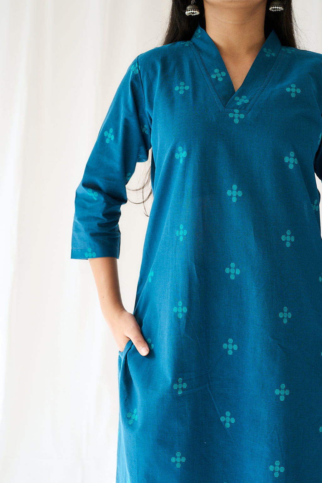 Set of 2- Mireya Teal Blue Cross South Cotton Kurta & Pants Set