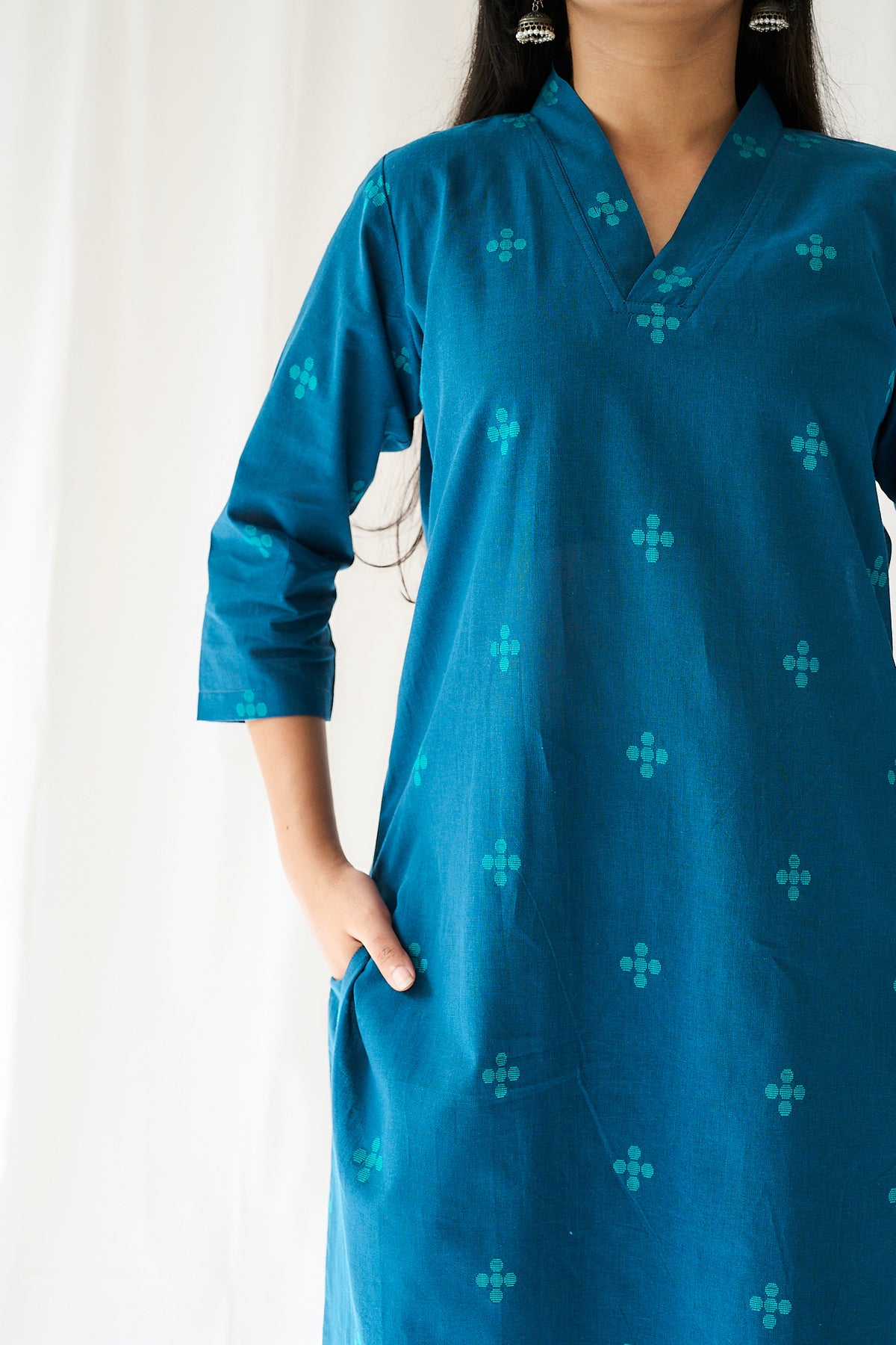 Set of 2- Mireya Teal Blue Cross South Cotton Kurta & Pants Set
