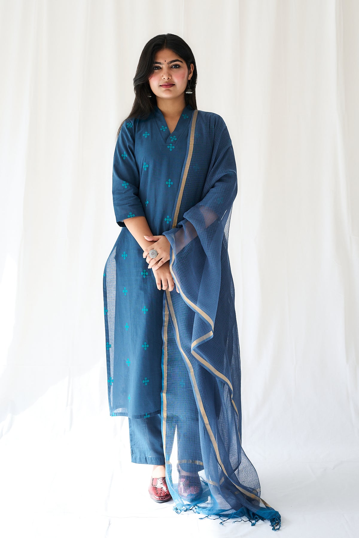 Set of 2- Mireya Teal Blue Cross South Cotton Kurta & Pants Set
