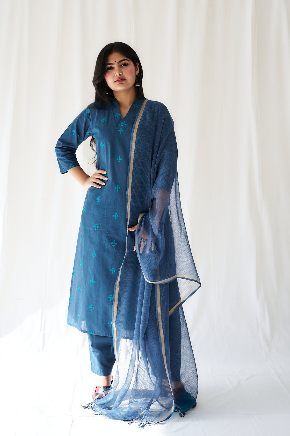 Set of 2- Mireya Teal Blue Cross South Cotton Kurta & Pants Set