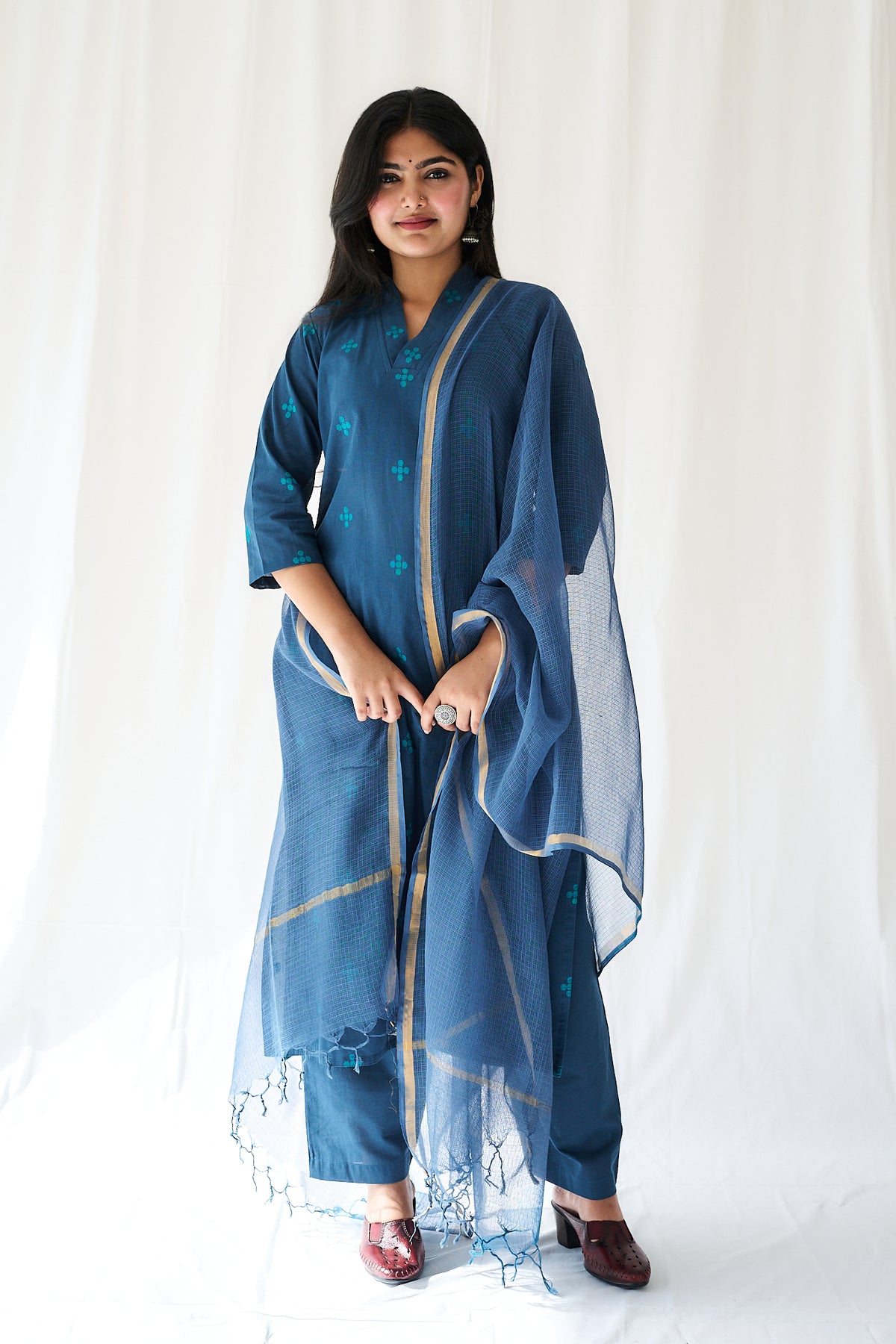 Set of 2- Mireya Teal Blue Cross South Cotton Kurta & Pants Set