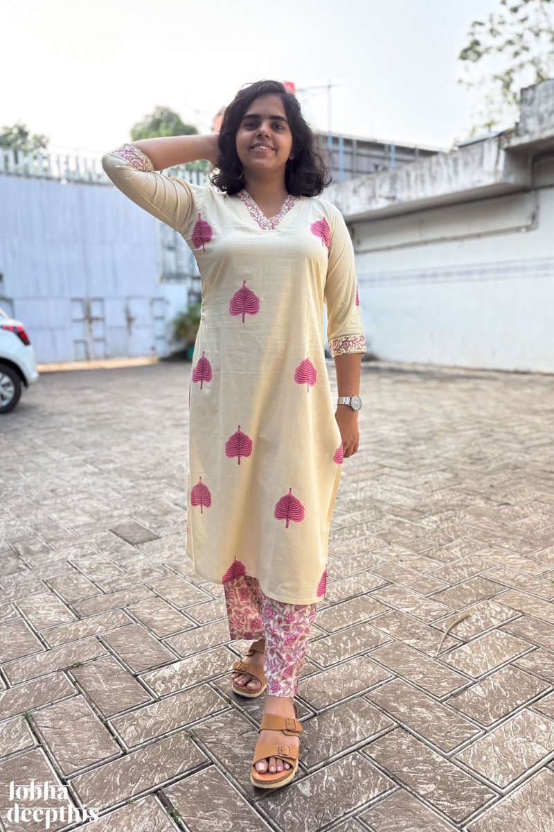 Aal Leaves on Cream Sanganeri Kurta - Lobha Deepthis