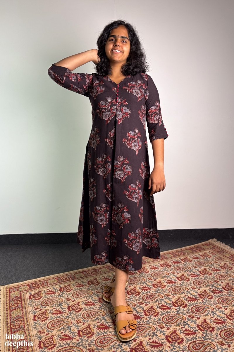 Ajrakh Blooms on Black Box Pleated Dress - Lobha Deepthis