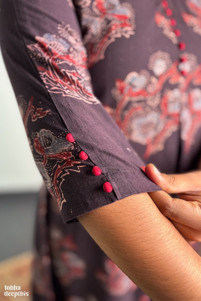 Ajrakh Blooms on Black Box Pleated Dress - Lobha Deepthis