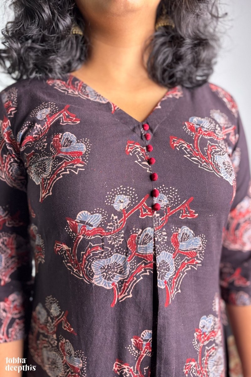 Ajrakh Blooms on Black Box Pleated Dress - Lobha Deepthis