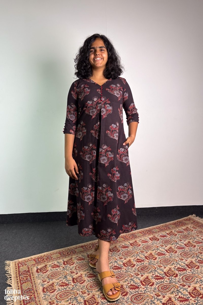 Ajrakh Blooms on Black Box Pleated Dress - Lobha Deepthis