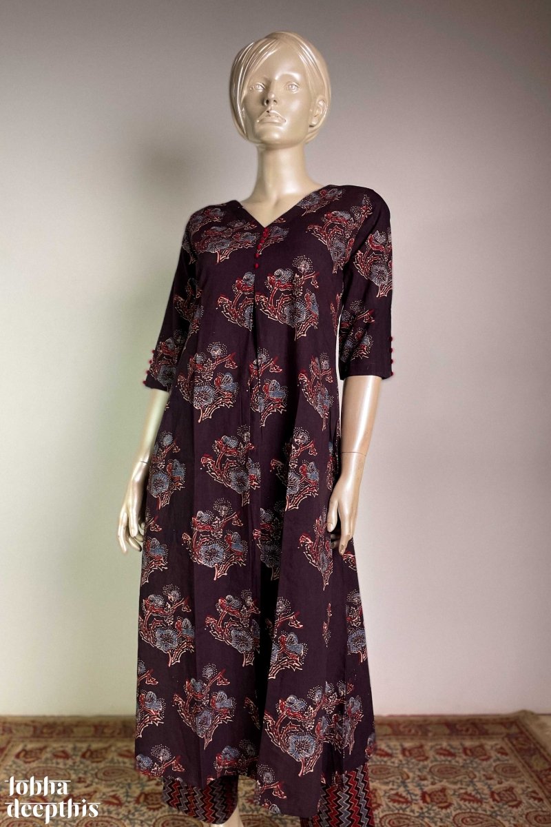 Ajrakh Blooms on Black Box Pleated Kurta - Lobha Deepthis