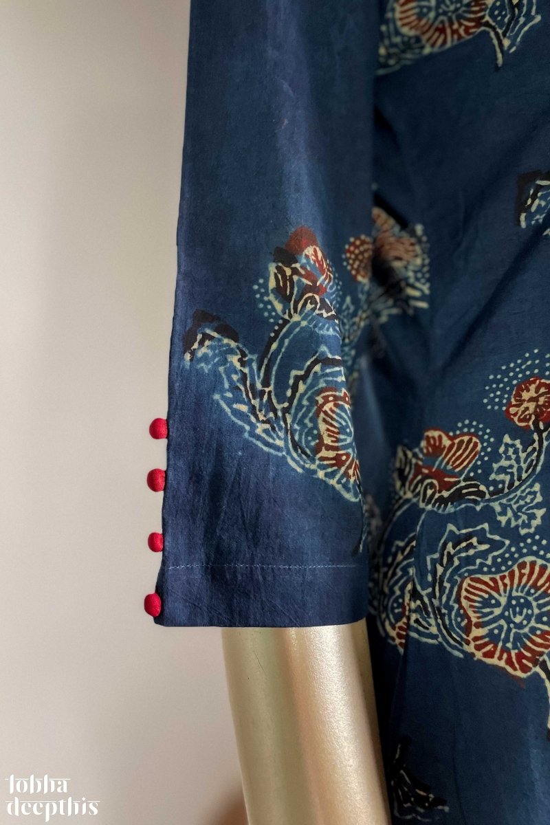 Ajrakh Blooms on Indigo Box Pleated Kurta - Lobha Deepthis