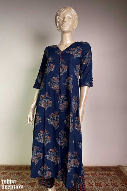 Ajrakh Blooms on Indigo Box Pleated Kurta - Lobha Deepthis