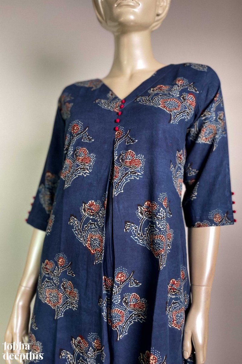 Ajrakh Blooms on Indigo Box Pleated Kurta - Lobha Deepthis