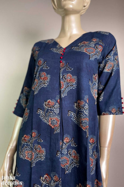 Ajrakh Blooms on Indigo Box Pleated Kurta - Lobha Deepthis