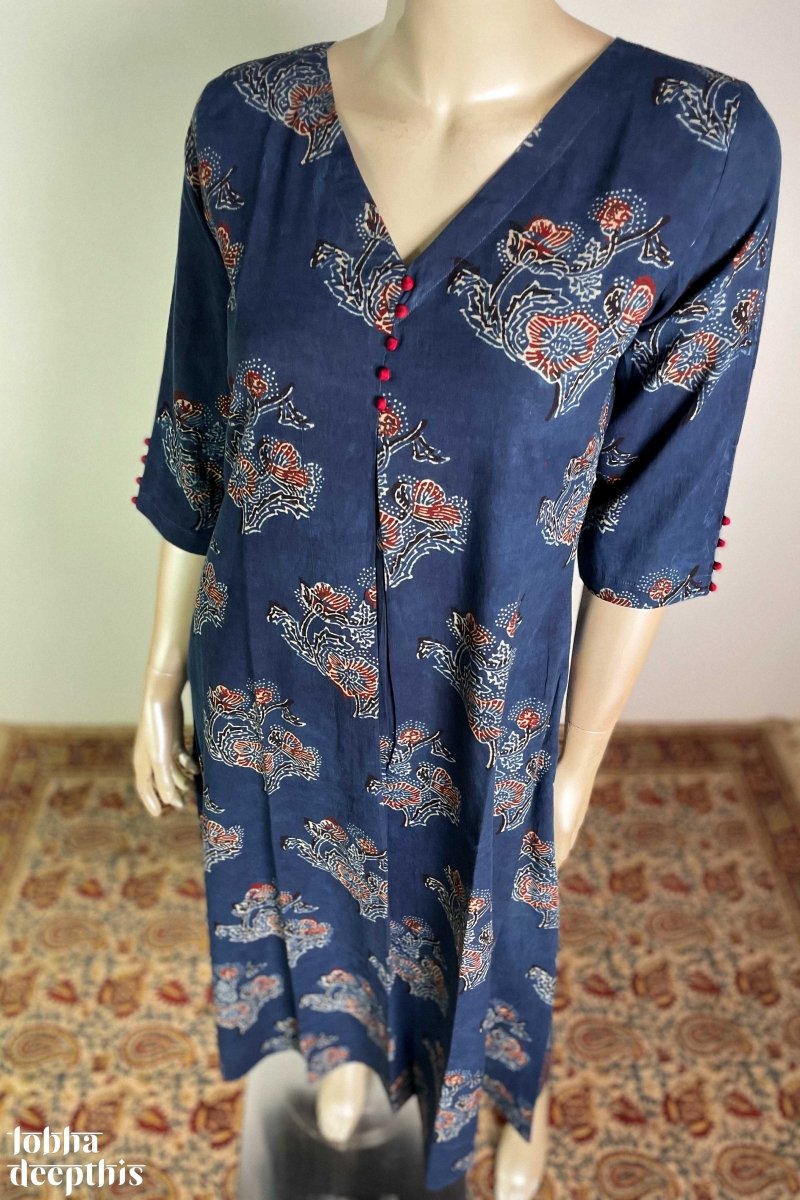 Ajrakh Blooms on Indigo Box Pleated Kurta - Lobha Deepthis