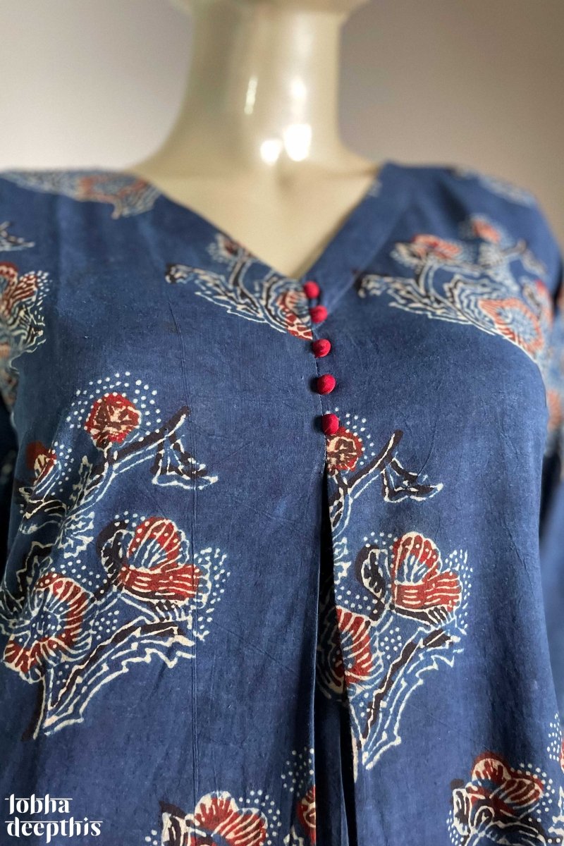 Ajrakh Blooms on Indigo Box Pleated Kurta - Lobha Deepthis