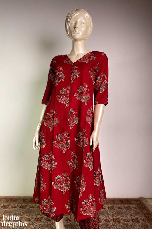 Ajrakh Blooms on Madder Box Pleated Kurta - Lobha Deepthis